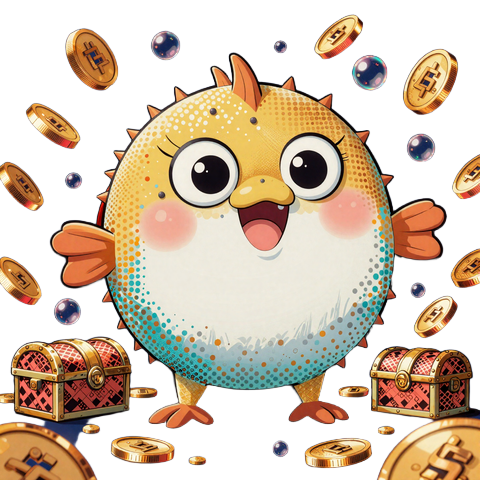 Fugu Casino Pufferfisch-Maske mit Goldm&uuml;nzen und Schatztruhen im Pop-Art-Stil